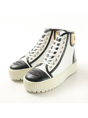 Chanel Sneakers 35 C CC Logo High Cut Leather Shoes White Black